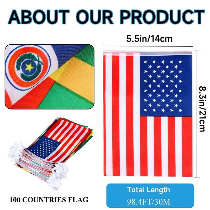 100 Countries String Flags Banner, JAYUWE 98.4FT/30M International Flag Bunting