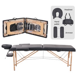 YOUNIKE Massage Table Portable Lightweight 2 Folding Adjustable Lash Facial Tattoo Bed Professional Spa Physical Therapy Home Salon Wooden Frame Black with Accessories