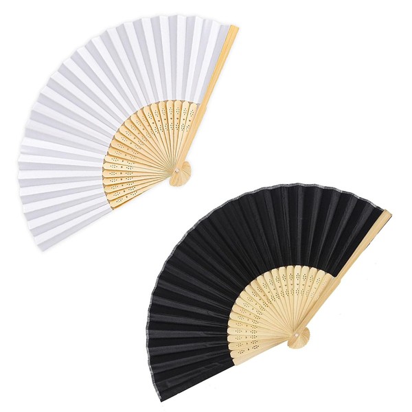 Pack of 2 White Fans, Wedding Fans, Black, Hand Fans for Dance, Party, DIY, Home Wall Decoration, Wedding, Favor, Performance Decoration (White/Black)