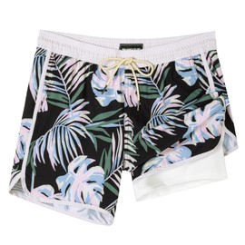 SURF CUZ Mens Swim Trunks with Compression Liner 5" Swimming Trunks 5 Inch Retro Swim Shorts with Zipper Pockets,Black White,L