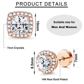 Morfetto 14K Flat Back Round Square Stud Earrings for Men Women Large Cubic Zirconia Stud Earrings Men's Earrings Flatback Earrings, ['AAA + Zirconia', 'Real White Plated Earrings', 'Hypoallergenic