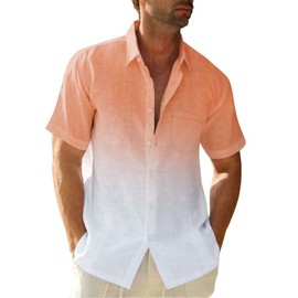 Mens Gradient Linen Shirts Casual Button Down Short Sleeve Beach Summer Shirts Orange