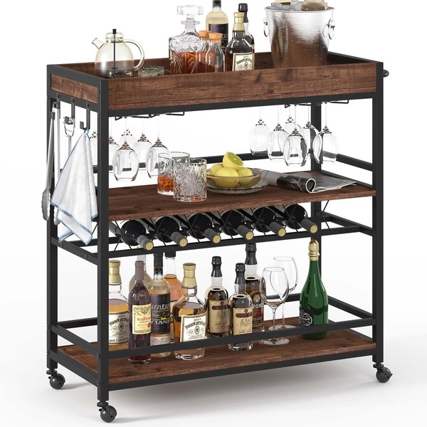 BON AUGURE Bar Cart for The Home, Rolling Home Bar Serving Cart on Wheels, 3 Tier Liquor Beverage Cart for Home Bar with Wine Rack and Glass Holder, Rustic Oak