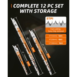 USEWIN 12-Piece Wood Pruning Reciprocating Saw Blade Set, High Carbon Steel Blades for Tree, Wood and PVC Pipe Cutting