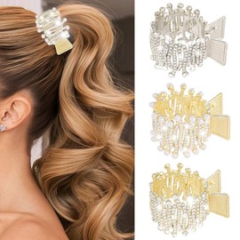 CAKURE Rhinstone Ponytail Clips Gold Sparkly Claw Clips Rhinestone Hair Accessories for Women and Girls (Pack of 3)