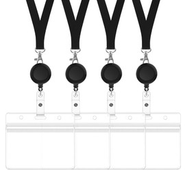 ID Card Holder 4-Pack with Reel, Hanging Name Tag, Name Holder, Stretch Reel, Lanyard, Horizontal, for IC Card/Business Card/Employee ID/Pass Case, Black