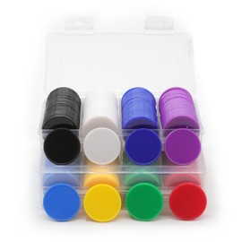 HAKITAROOM Set of 100 Opaque Plastic Learning Counters Mini Poker Chips Game Tokens with Storage Box (Black+White+Blue+Purple, 1.58 Inch)