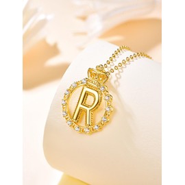 KINGWHYTE Initial Letter Necklaces for Women Gold Plated Initial Pendant Necklace Capital R Letter Crown Necklace Jewellery with 18"+2" Chain