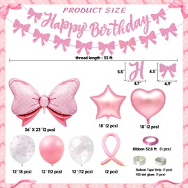 Klarvyius Pink Bow Birthday Party Decorations Pink Coquette Birthday Decorations Bow Theme Pink and White Balloons Garland Arch Kit Pink Bow Happy Birthday Banner for Girls Big Pink Bow Decor