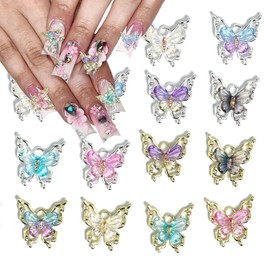 12Pcs Colourful Butterfly Nail Art Charms 3D Alloy Butterfly Nail Gems Diamond Bling Gold Silver Nail Rhinestones Butterflies Charms Crafts Design Cute Nail Charms Butterflies Nails Jewelry for Women