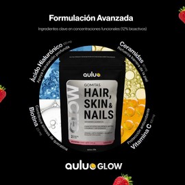 GLOW HAIR SKIN & NAILS Gomitas con Ácido Hialurónico, Biotina, Ceramidas y Antioxidantes para Piel, Cabello y Uñas Veganas, Sin Azúcar, Endulzado con alulosa 60 Gomitas de Pectina