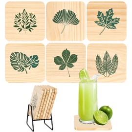 6 Pcs Wood Coasters with Holder, Wooden Coffee Table Coasters, Cup Drink Coaster, Rustic Modern Farmhouse Coaster Set for Dining Table Bar Decor Housewarming Gift Boho