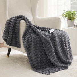 Bedsure Electric Blanket Twin - Thick Striped Flannel Electric Blanket, Heating Blanket with 10 Time Settings, 6 Heat Settings, and 8-Hour Timer Auto Shut Off (62x84 inches, Grey)