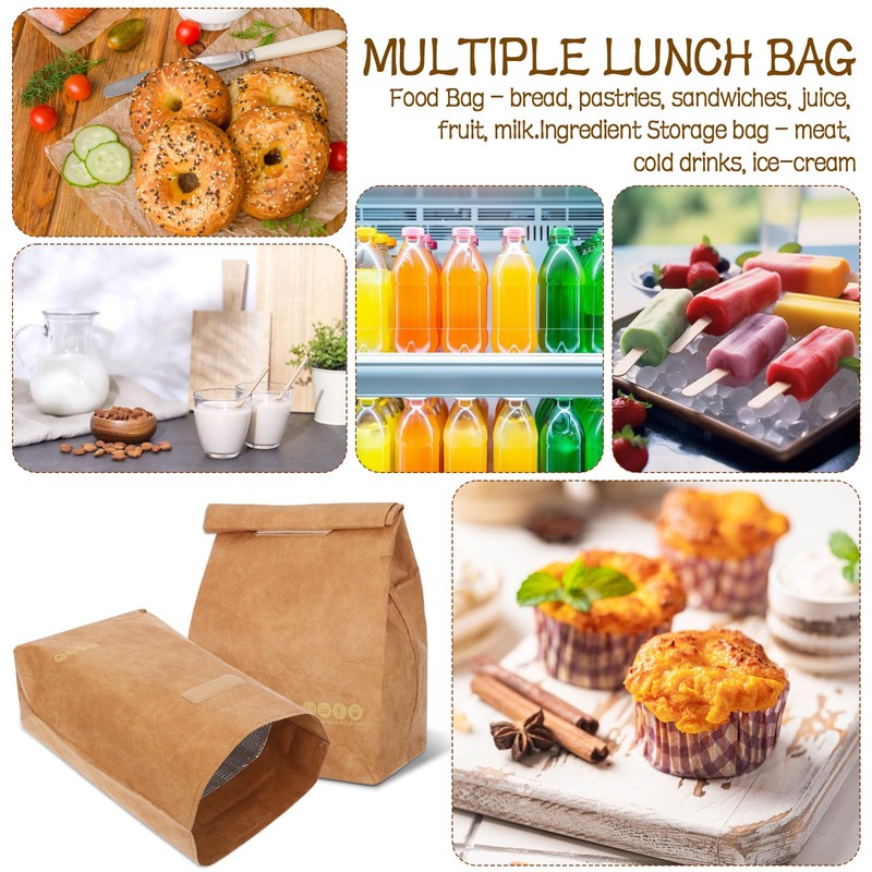 EYUNSTAR 2 Pcs Insulated Brown Paper Lunch Bags, Reusable Lunch
