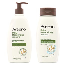 Aveeno Daily Moisturizing Lotion & Wash Regimen Pack, Nourishing Daily Moisturizing Body Lotion for Dry Skin, 18 oz, & Hydrating Body Wash with Soothing Prebiotic Oat, 18 oz, 2 Items