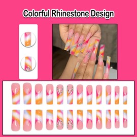 ANDGING French Tip Press on Nails Long Square Ballet Fake Nails Orange on Nails with Colorful Rhinestone Design 24Pcs Manicure Acrylic Women False Nails with Gel Stick on Nail for Wedding