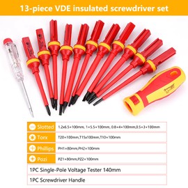 13-Piece VDE Insulated Screwdriver Set with Magnet, Screwdriver Set with Insulated Plastic Handle Screwdriver, Suitable for Disassembly and Installation of Various Screws (13)
