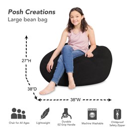 Posh Creations Bean Bag Chair for Kids, Teens, and Adults Includes Removable and Machine Washable Cover, Soft Faux Rabbit Fur - Black, 38in - Large