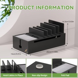 Charging Station Box for Smartphones and Tablets, Bamboo Cable Cord Organizer Box, Multiple Devices Charger Dock Cables Management for Desk with 5 Cables (No Power Hub Supply) -Black
