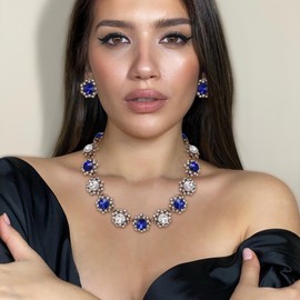 EVER FAITH Vintage Rhinestone Necklace and Earrings for Women Bohemian Boho Retro Round Crystal Statement Jewellery Set for Wedding Prom Party Daily Blue Antique Gold Tone