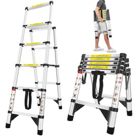 4+5 Steps A-Frame Ladder Made of Druable Aluminum, Telescoping Ladder with Safety Latches, 330lb Max Capacity, Non-Slip Feet, Lightweight Collapsible Ladder for Home/Office/Outdoor/DIY Work (1.4+1.7m)