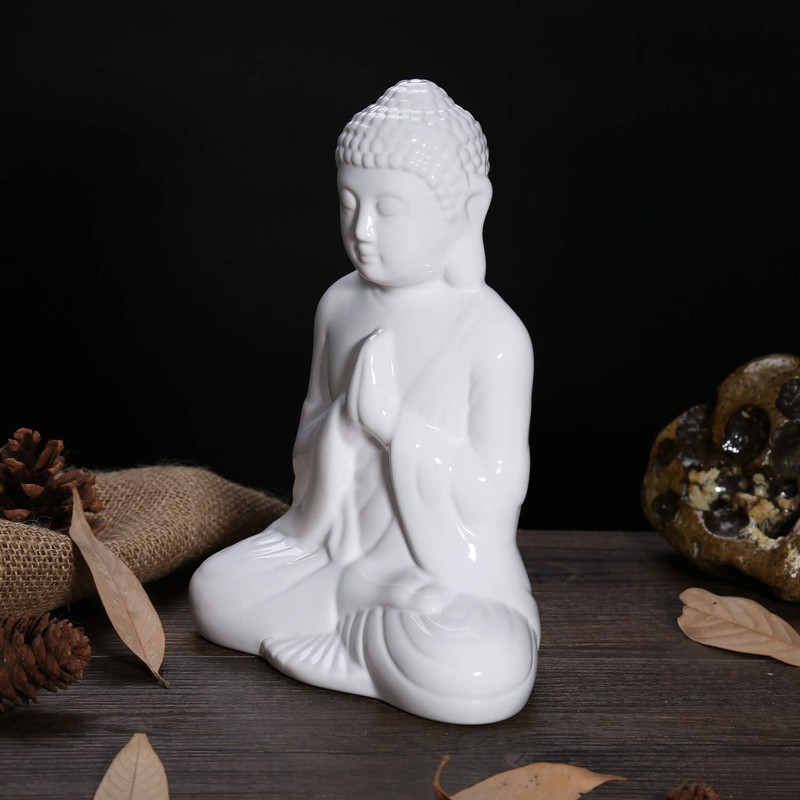 FORLONG Ceramic Praying Buddha Figurine, Serene Medium Statue （11 Inches
