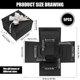 5-Layer Explosion Box DIY Surprise Box & Surprise Box with Tape + Ribbon Multi-Purpose Gift Box for Birthday, Christmas, Valentine's Day, Wedding & Anniversary (Black)