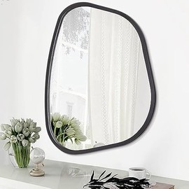 Black Asymmetrical Mirror Irregular Oval Wall Mirror Modern Wood Frame Unique Shape Wall Mounted Vanity Artistic Mirror Decorative for Living Room Bedroom Bathroom Entryway Large 16"x12"