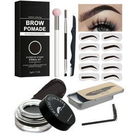 Eyebrow Cream and Eyebrow Gel Transparent Set, Waterproof, Durable, Stamp Eyebrow Gel Shaping Set with 10 Eyebrow Stencils, 1 Brush, 1 Applicator, 1 Eyebrow Trimmer 05Ebony