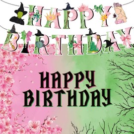 Wicked Birthday Decorations, Green and Pink Wicked Happy Banner, Witch Birthday Backdrop Party Decorations Photo Props 59*39in Suitable for Parties of All Ages