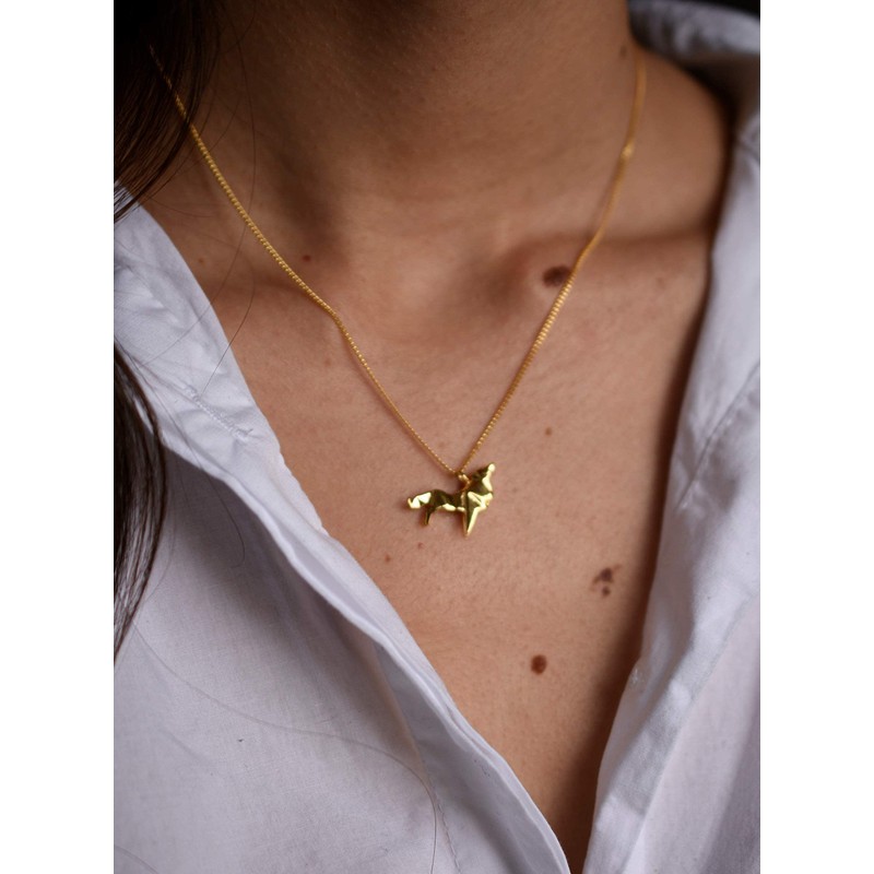 NÉCORA Dije/Collar Lobo De Origami En Plata Con Chapa de