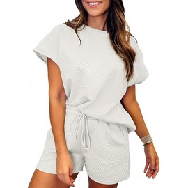 SHEWIN Two 2 Piece Outfits Sweat Suit Lounge Sets for Women Summer Casual Crewneck Short Sleeve Shirts Matching Sweat Shorts 2025 Comfy Pajamas Tracksuit White S
