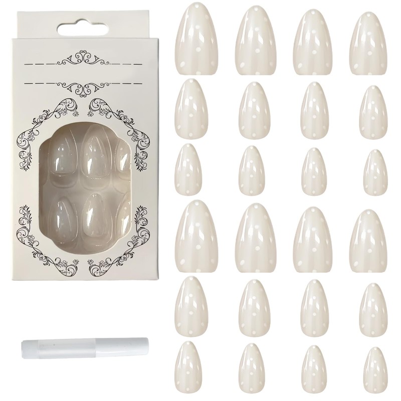 24Tabletas Uñas Press on Cortas, Patrón Puntos De Onda Blancos