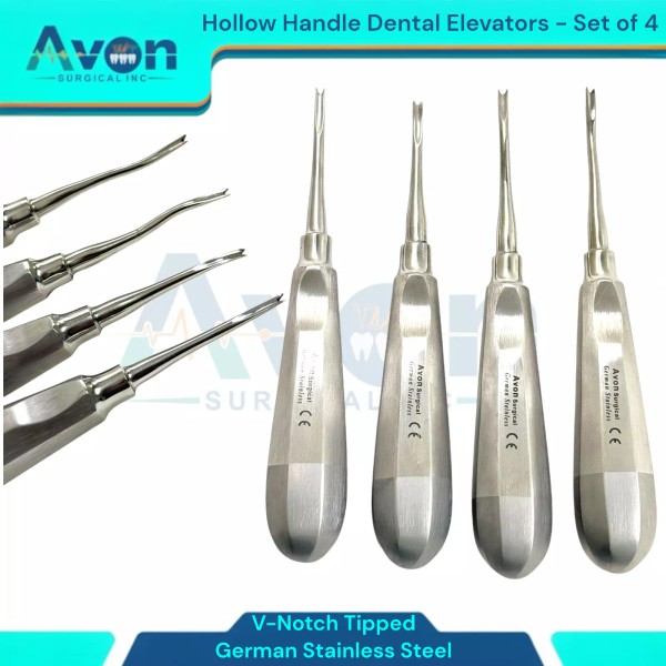 Avon Surgical Periotome Apical Dental Elevator V-Notched Grooved, Hollow Handle