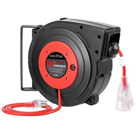 GREATIDE 45 Ft Retractable Extension Cord Reel, 12 AWG/3C SJTOW Heavy Duty Power Cord with 3 Electrical Outlets, 15 AMP Circuit Breaker, Lighted Triple Tap, Ceiling or Wall Mount, UL Listed