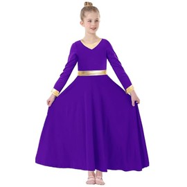 TLMNU Girls Praise Dance Dress Metallic Gold Liturgical Worship Church Robe Full Length Swing Lyrical Costume,01-Dark Purple Tag120,5-6 Years