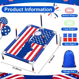 Leitee 4th of July 2 in 1 Bean Bags Toss Game American Flag Cornhole Bean Bags Patriotic Ring Toss Game Kids Patriotic Cornhole Games Set Independence Day Party Games Ideal for Ages 4-8 Toddlers