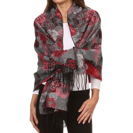 Sakkas CHS1810 - Ontario double layer floral Pashmina/Shawl/Wrap/Stole with fringe - 3-Red - OS