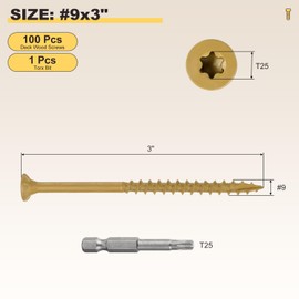 METALLIXITY Deck Screws (#9x3") 100Pcs, Carbon Steel Wood Screw Decking Screws with T25 Torx Drive Head - for Wood Fence, Table, Tan