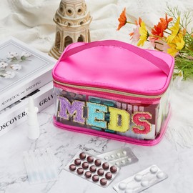 Neceser de Letra de Chenilla Bolsa de Maquillaje de Nailon Portátil Bolsa de Cosméticos de Parche Preppy con Cremallera Cosmetiquera de Almacenamiento de Artículos de Aseo (Rosa Rojo, Encantador MEDS)