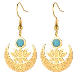 KKJOY Lotus Flower and Moon Earrings Stainless Steel Lotus in Moon Dangle Earrings Yoga Inspirational Jewellery for Women Charming Ladies, Stainless Steel, No Gemstone