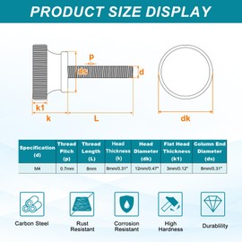 sourcing map M4x8mm Knurled Thumb Screws, Black Steel Flat Head Thumb Screws Zinc Plated Metric Knurled Head Bolts with Shoulder Grip Knobs Hand Tighten Thread Fasteners, 20 Pcs