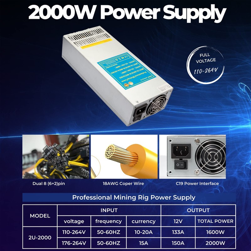 VTRETU 2000W Mining Power Supply 2U Miner PSU 110-264V for