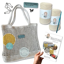 HÄKEL LIESE Crochet Set for Beginners - Beach Bag Women, Wool for Crocheting, Crochet Hook Set, Mesh Bag Sand Toy, Aesthetic Stuff Clean Girl, DIY Set Adults, Cotton Bag