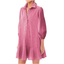 YEXPINE Women Button Down Dress Loose Summer Cotton Linen Dress Ruffle Hem Casual 3/4 Puff Sleeve Tunic Sundress Rose Red