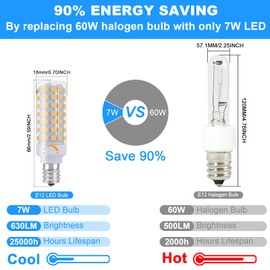 E12 LED Bulb Dimmable 7W Equivalent to 60W Halogen Bulb, Warm White 3000K T6 C7 E12 Candelabra Bulb 60 Watt for Ceiling Fan, Chandelier Lighting, AC120V Kx-2000 Bulbrite Replacement (6 Pack)