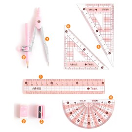 waremew 8 Pcs Compass/Math Set for Students with Shatterproof Storage Box, Geometry Set for School, Includes Ruler, Protractor, Compass, Pencil,Pencil Sharpener and Eraser,etc. Perfect Gift (Pink)