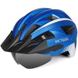 Victgoal Bike Helmet, MTB Mountain Bike Helmet with Magnetic Visor, Removable Sun Visor Cap and LED Rear Light, Cycling Helmet Racing Bike Helmet for Adults Men’s / Women’s (L.: 57 - 61 cm – Metallic Blue)