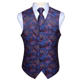 Enlision Men's Paisley Floral Wedding Party Jacquard Waistcoat&Necktie and Pocket Square Vest Suit Set, Blue & Pink, L(Chest size 46inches)