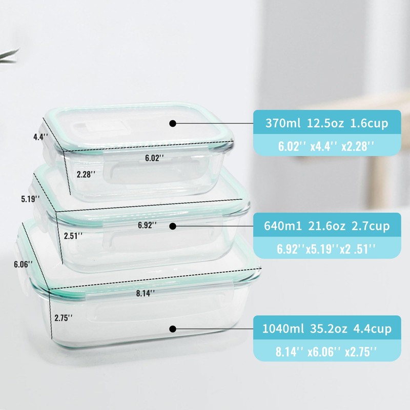 Pmssypl3-piece glass food storage container set, airtight reusable lunch container